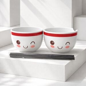 Cute Smiley Face ramen Bowls with Chopsticks